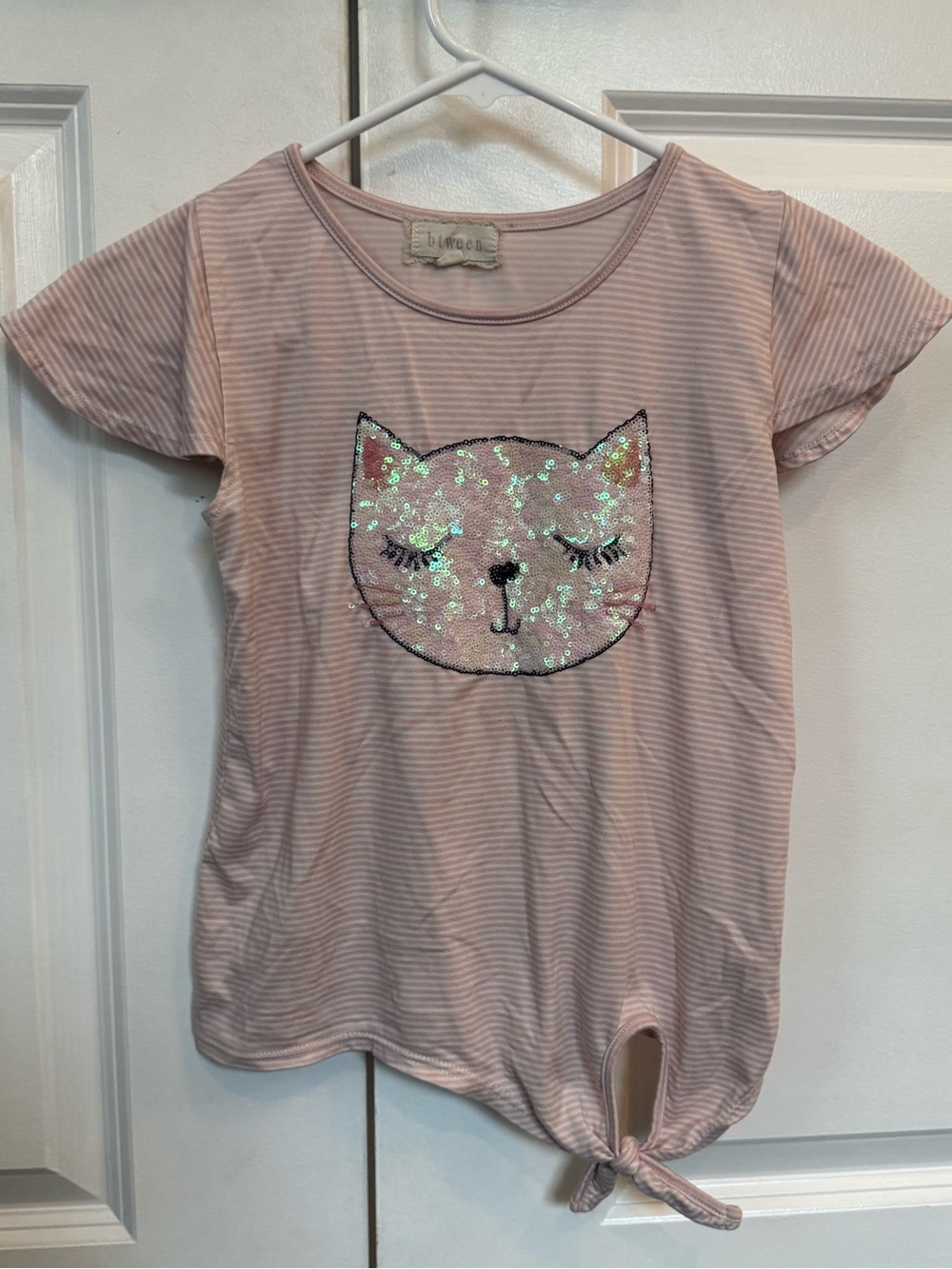 btween Pink Striped Sequin Cat Tie-Hem Tee